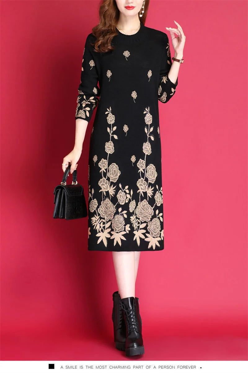 6XL Women Temperament Sweater Dress 2022 Middle-Aged Female Autumn Winter Thick Fat Warm Long Sweater Knit Dress Women pullover