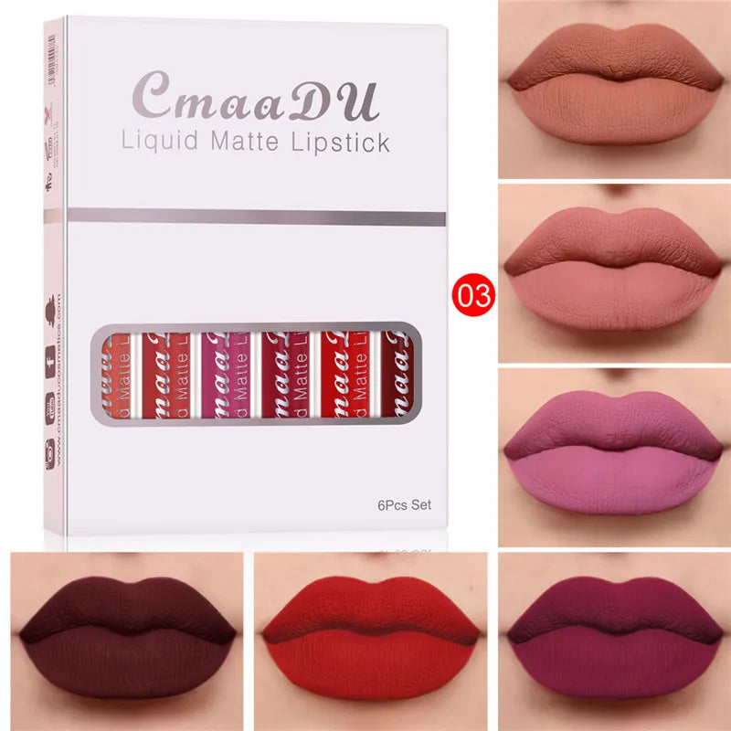 6 Colors/Set Fashion Matte Lip Gloss Sets Natural Moisturize Waterproof Lasting Velvet Sexy Red Liquid Lipstick Beauty Cosmetic