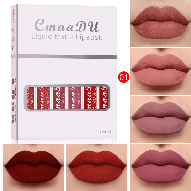 6 Colors/Set Fashion Matte Lip Gloss Sets Natural Moisturize Waterproof Lasting Velvet Sexy Red Liquid Lipstick Beauty Cosmetic