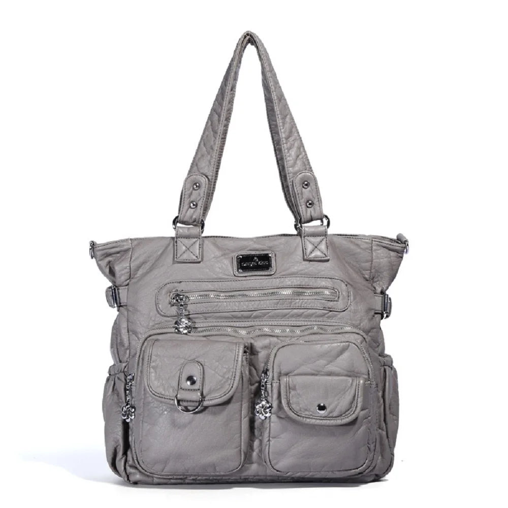 Women Handbags Multi-pockets Bag Brown PU Satchel Fashion Lady Shoulder Bag Vintage Casual Bags Tote Shoulder Purse