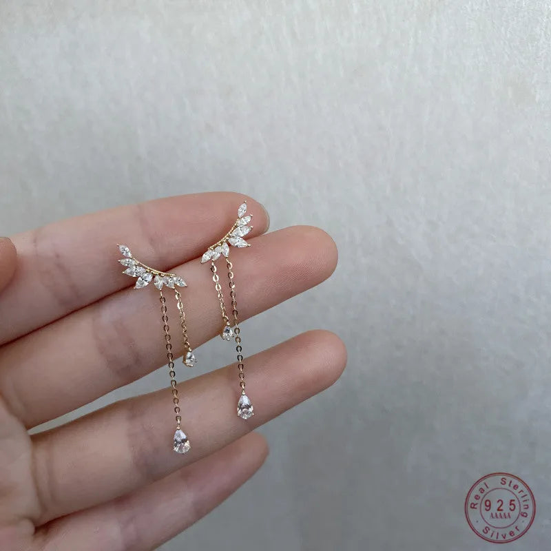 925 Sterling Silver Wing Stud Earrings | 14K Gold-Plated Pavé Crystal Tassel Luxury Jewelry