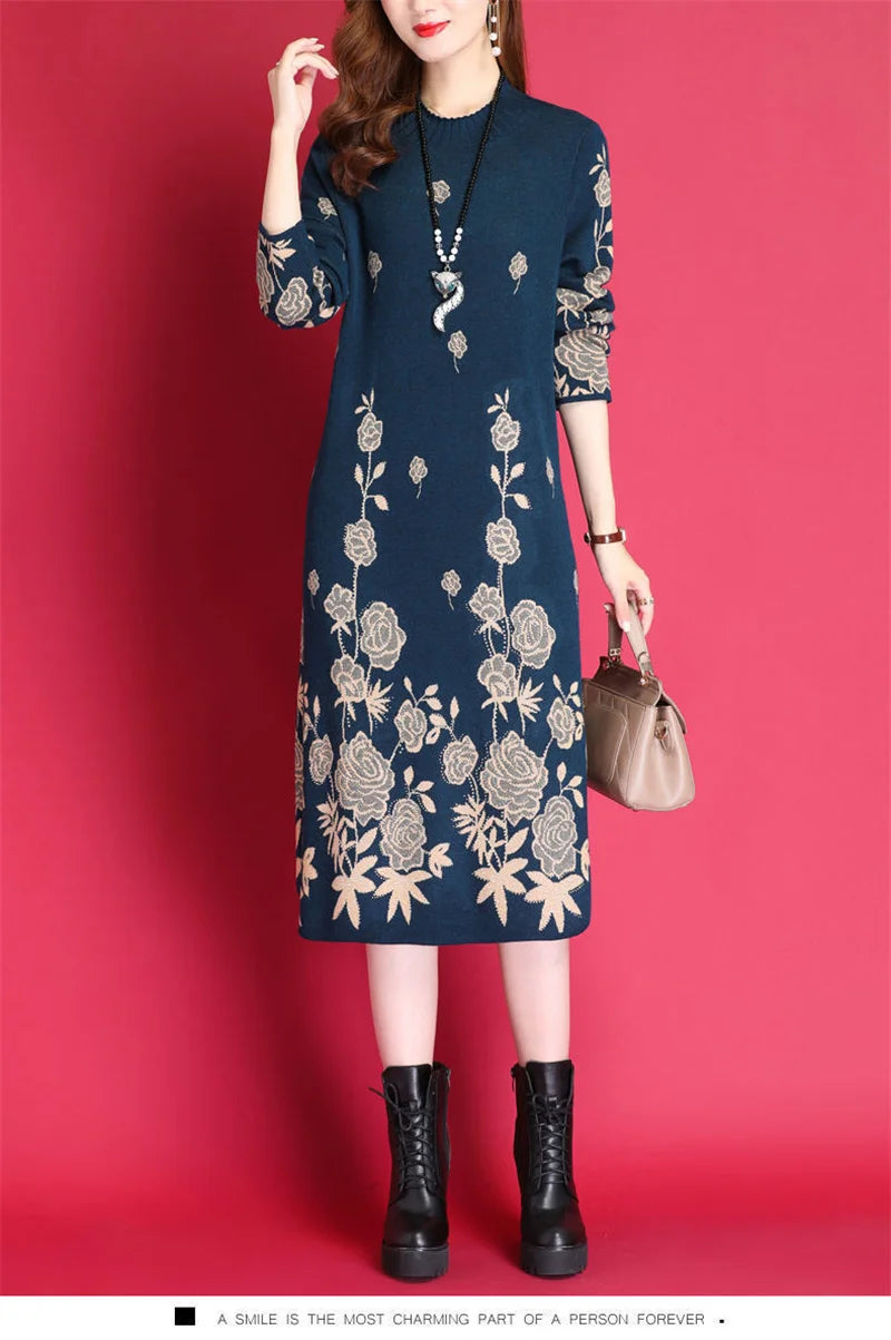 6XL Women Temperament Sweater Dress 2022 Middle-Aged Female Autumn Winter Thick Fat Warm Long Sweater Knit Dress Women pullover