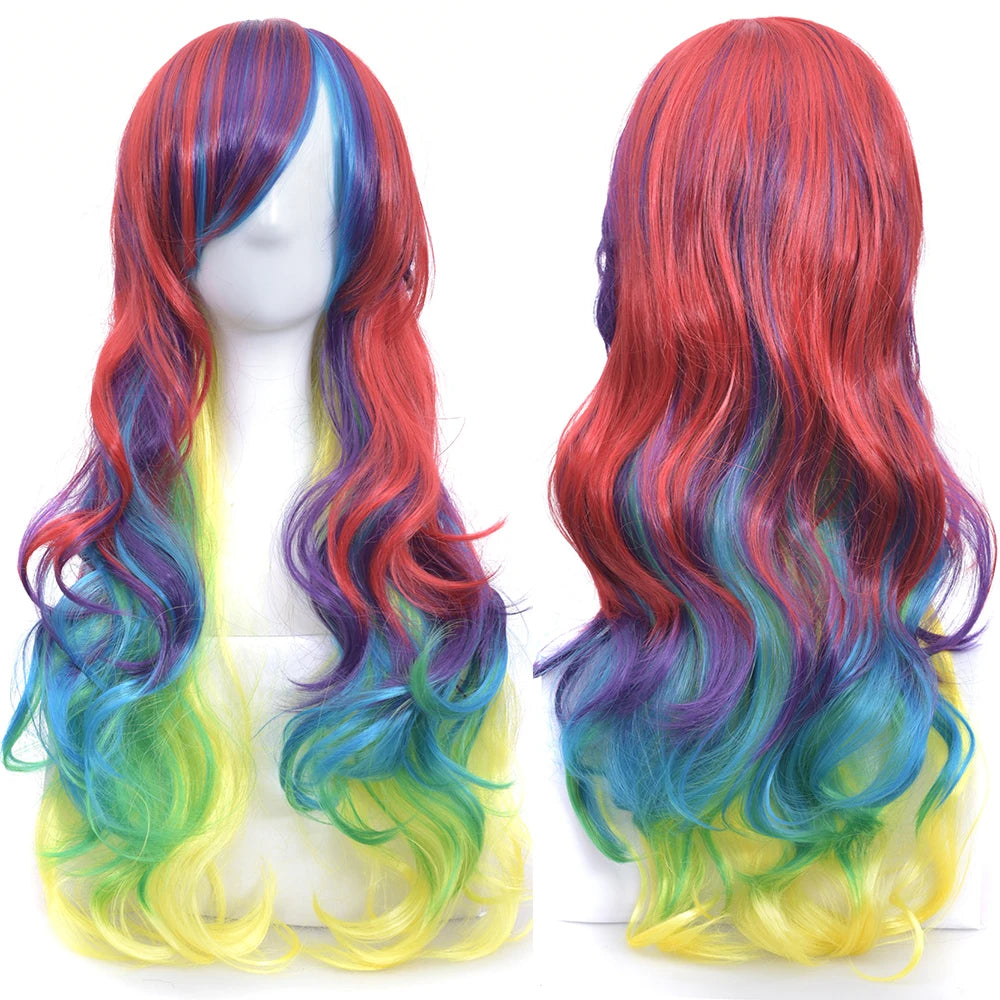 Soowee Synthetic Hair Ombre Rainbow Cosplay Wig with Bangs Red Yellow Purple Green Blue Wigs for Black Women