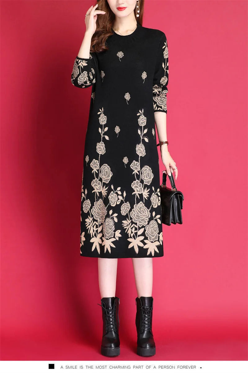 6XL Women Temperament Sweater Dress 2022 Middle-Aged Female Autumn Winter Thick Fat Warm Long Sweater Knit Dress Women pullover