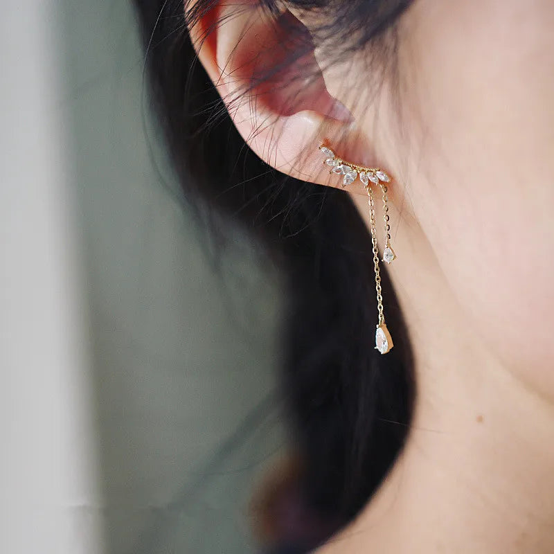 925 Sterling Silver Wing Stud Earrings | 14K Gold-Plated Pavé Crystal Tassel Luxury Jewelry