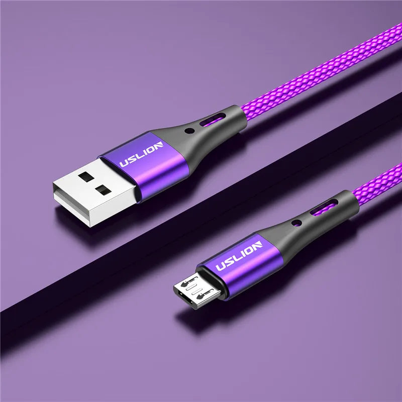USLION 3M Micro USB Cable Fast Charging For Xiaomi Android Mobile Phone Data Cable for Samsung Micro USB Charger Wires Purple
