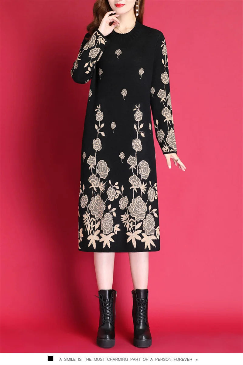 6XL Women Temperament Sweater Dress 2022 Middle-Aged Female Autumn Winter Thick Fat Warm Long Sweater Knit Dress Women pullover