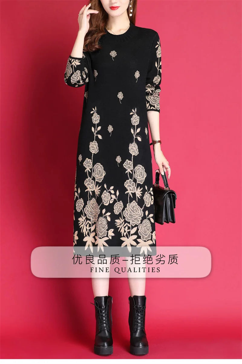 6XL Women Temperament Sweater Dress 2022 Middle-Aged Female Autumn Winter Thick Fat Warm Long Sweater Knit Dress Women pullover