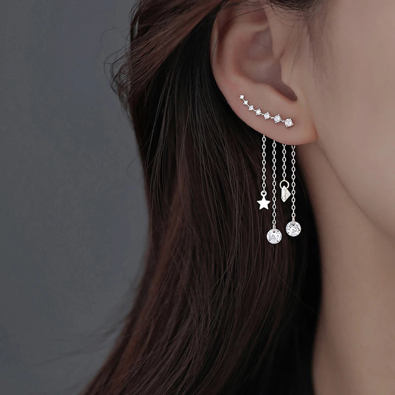 Silver Star Tassel Drop Earrings | Cubic Zircon Splittable Dangle Jewelry for Women
