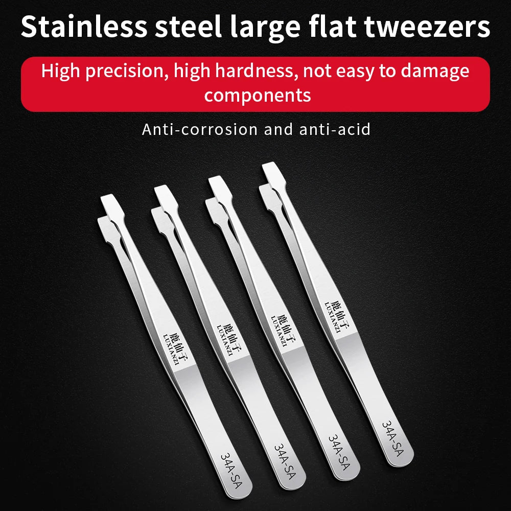 LUXIANZI Flat Stainless Steel Industrial Tweezers For Soldering Repair Electronic Tools Industrial Forceps Precision tweezer