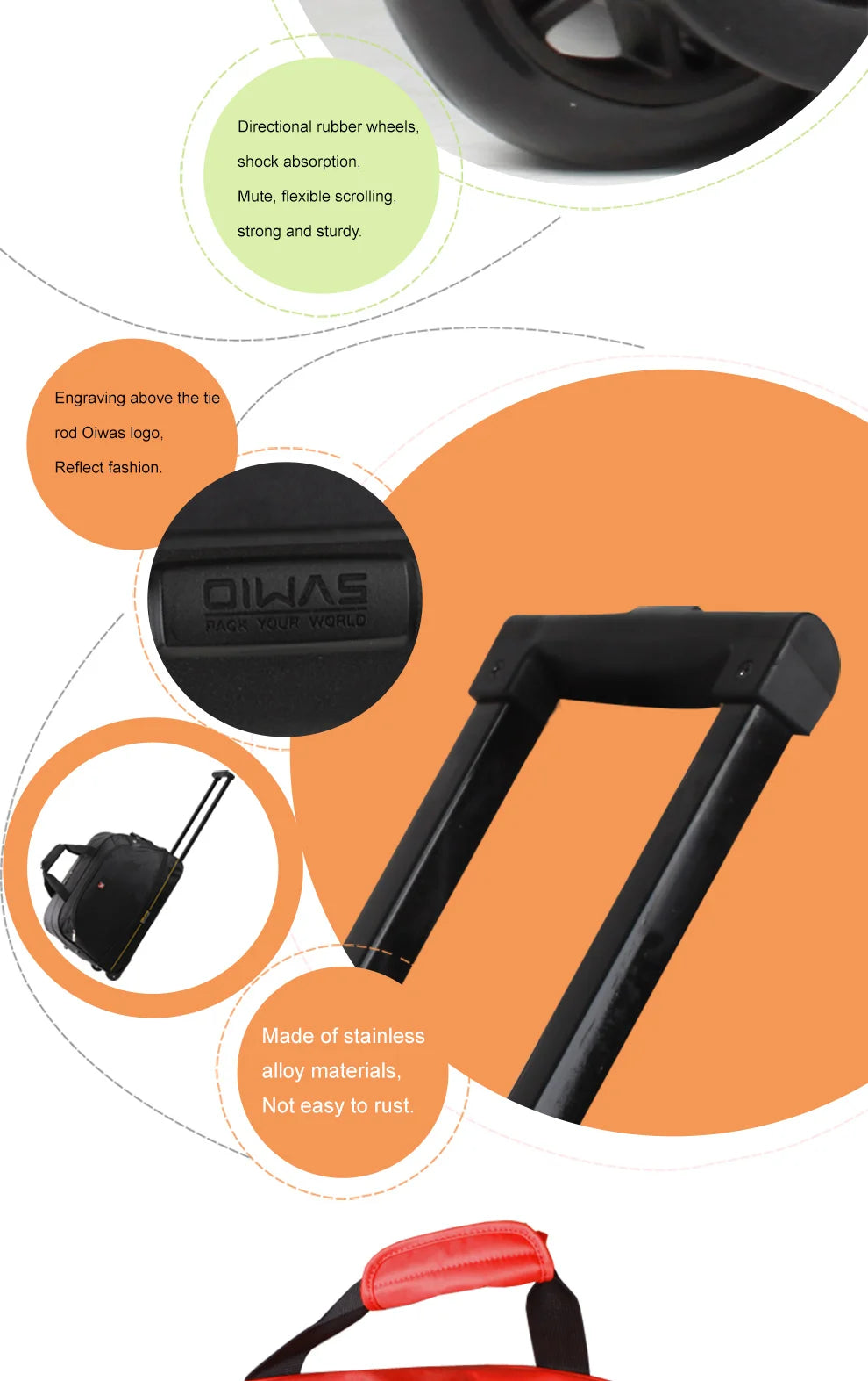 OIWAS Men Trolley Duffle Bag 56L Water-Repellent Foldable Rolling Suitcase Hand Luggage With Wheels Carry-On Bags Expansion Pack