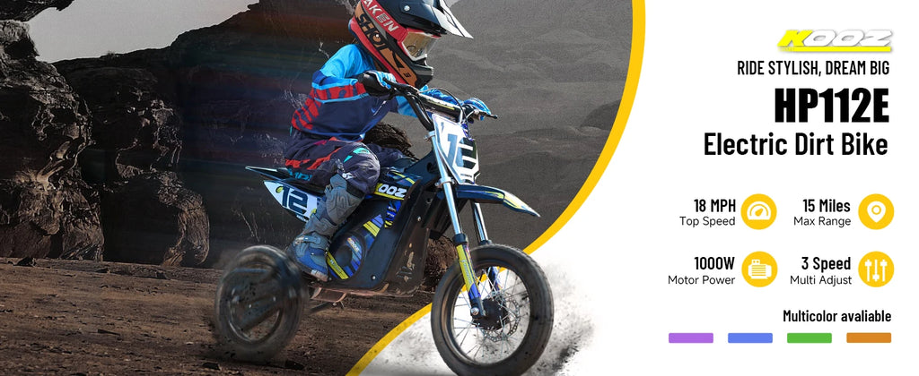 KOOZ HP112E 36V 1000W Electric Dirt Bike for Kids, 3 Speed Modes Teen Electric Motorcycle Up to 18 MPH & 15 Miles Long-Range