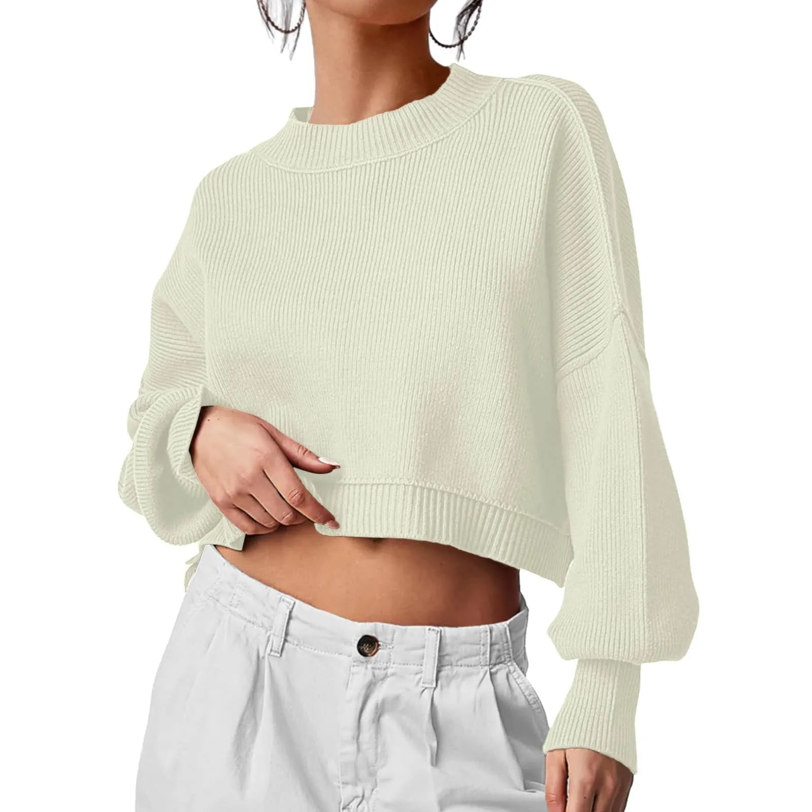 ZOMAXIUJEE 2024 Fall Cropped Knit Sweater – Crew Neck, Puff Sleeve, Oversized Pullover for Women