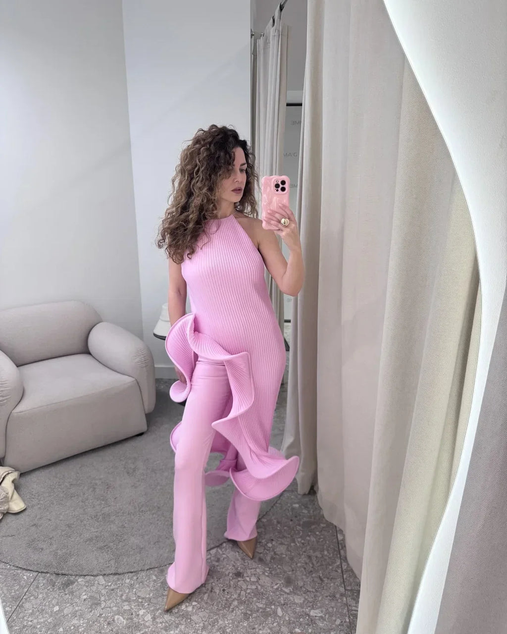 Women Romantic Yellow Halter Maxi Dress Ribbed Knit Ruffled High-slit Slim-fit Vestido 2026 Lady New Spring Trendy Fashion Robes