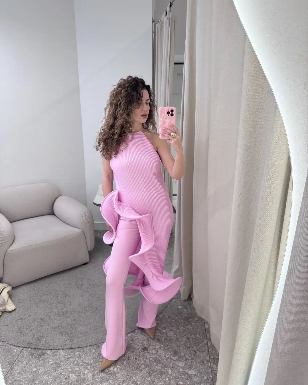 Women Romantic Yellow Halter Maxi Dress Ribbed Knit Ruffled High-slit Slim-fit Vestido 2026 Lady New Spring Trendy Fashion Robes