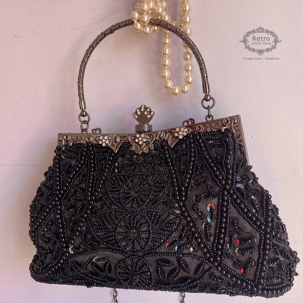 Lost in Vintage Clutch Handbag Beaded and Sequin Kiss-lock Closurer Shoulder Bag Crossbody Detachable ChainProm Evening Party