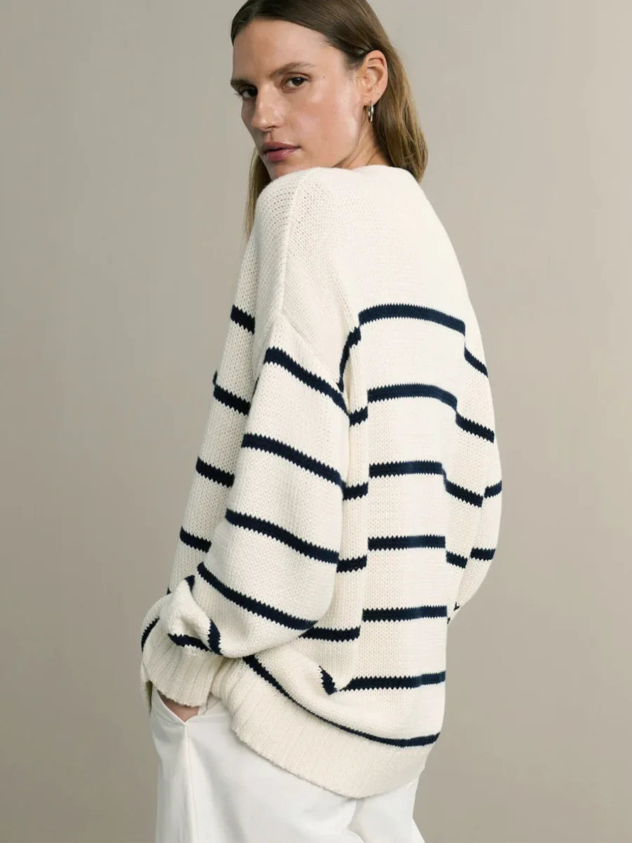 Cozy Autumn Striped Knit Cardigan – V-Neck Button-Up Sweater for Effortless Style