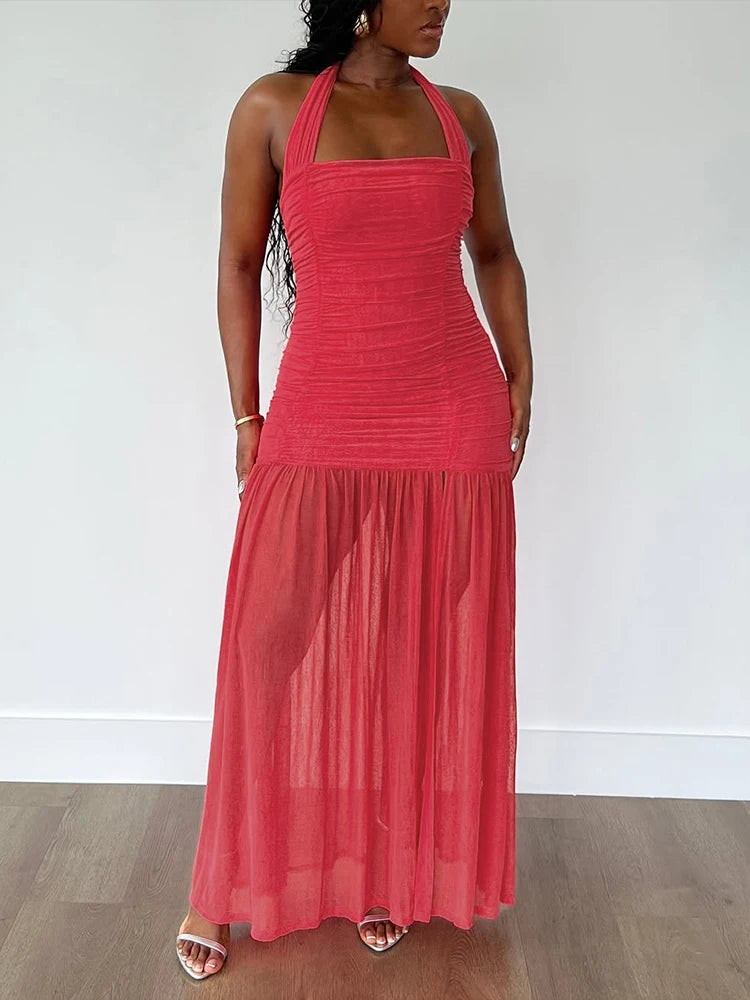 Nibber See Through Hem Dress Women Ruched Halter Summer Trend Sleeveless Backless Patchwork Midnight Clubwear Party Maxi Bodycon