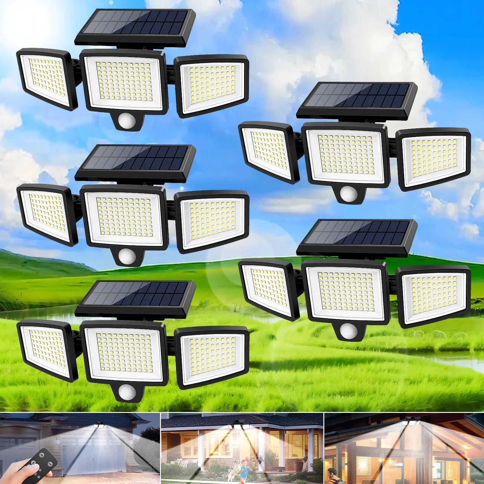 SZRSTH 3-Head Solar Motion Sensor Light | Remote Control, 3 Modes
