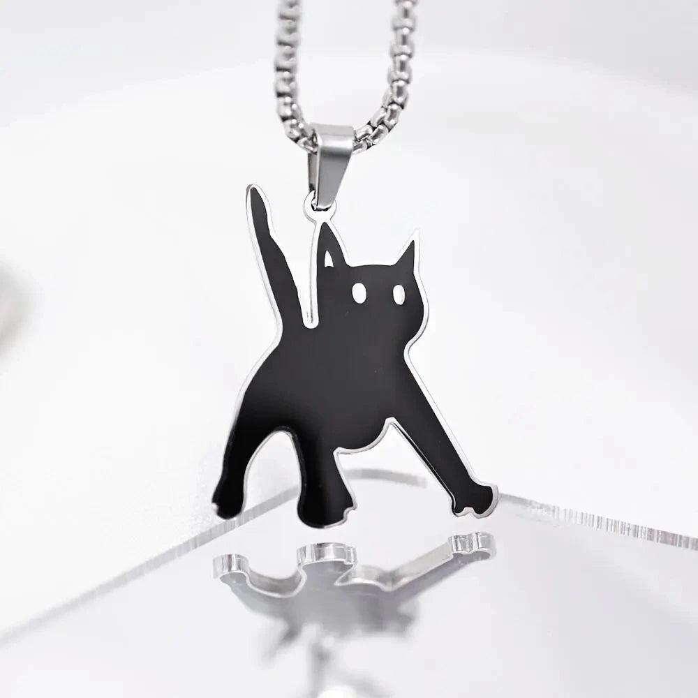 Scared Black Cat Pendant Necklace | Titanium Steel K-Pop Fashion Chain for Men & Women