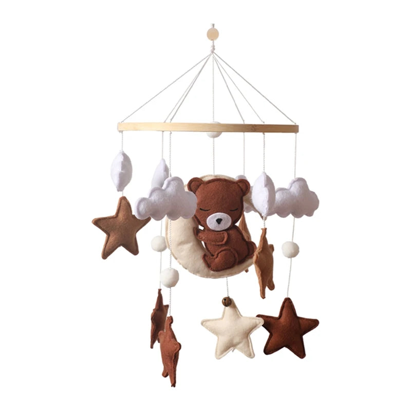 Wooden Crib Mobile Baby Bed Bell Rattle Toy Soft Felt Cartoon Bear Mobile bracket Newborn Music Box Bed Bell Hanging Bracket Toy
