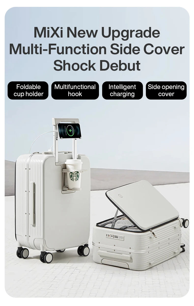 Mixi New Aluminum Frame Suitcase Carry On Rolling Luggage with USB Port Boarding Cabin Cup and Phone Holder 20 24 Inch