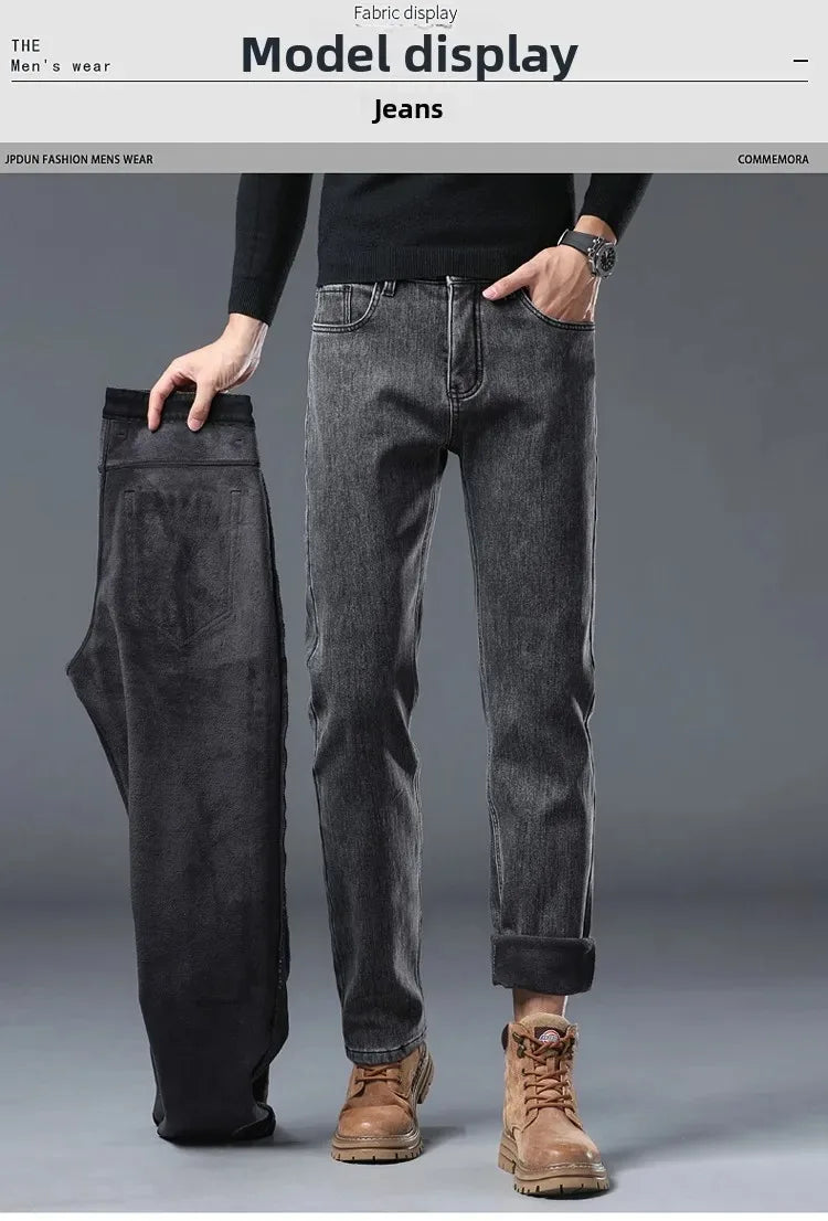 2025 New Winter Men Black Straight Stretch Denim Thick Velvet Pants Warm Jeans Casual Fleece Line Trousers Male Plus Size