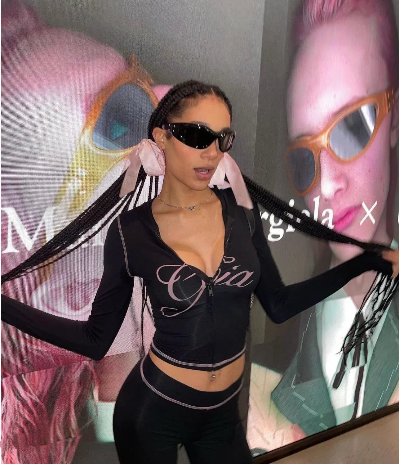 Women’s Zip-Up Long Sleeve Crop Top & Low-Waist Flare Pants Set