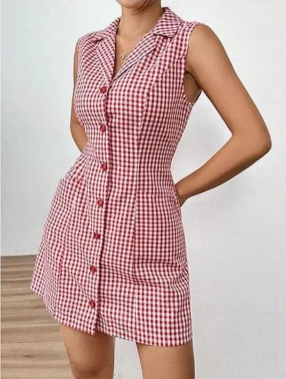 French Retro Plaid Dresses Women Summer New  Sleeveless Round Neck Button Up Cocktail Dress Female Bodycon Dresses Vestidos