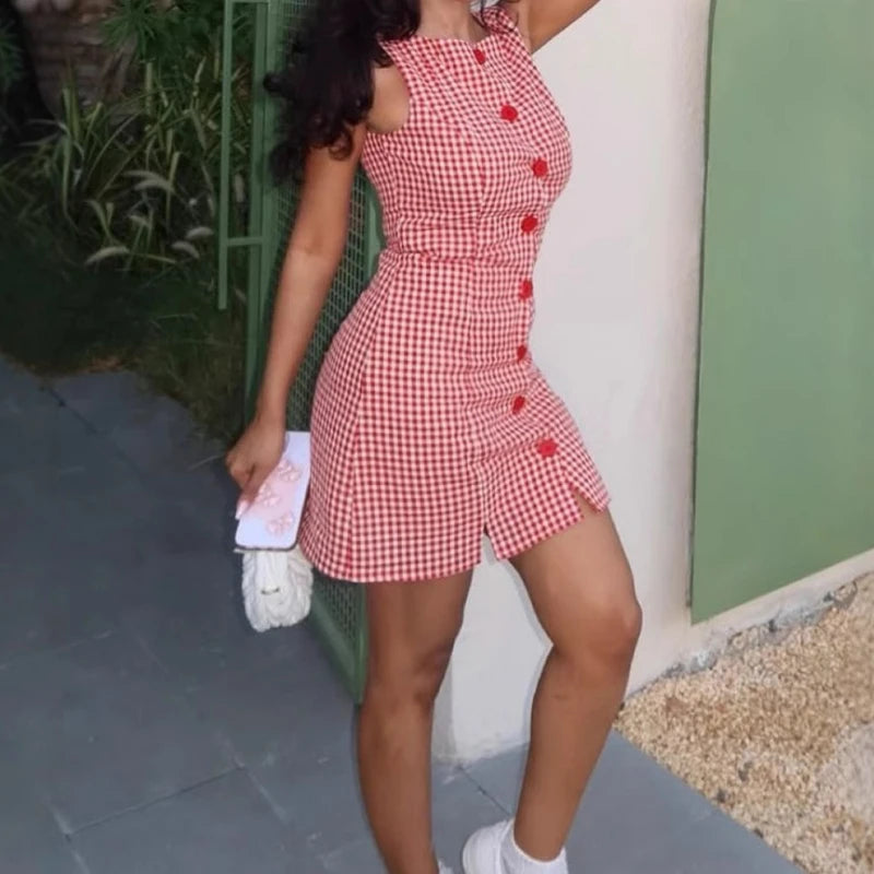 Checkered single breasted dress for summer, new vacation style A version sleeveless slim fit short skirt for women