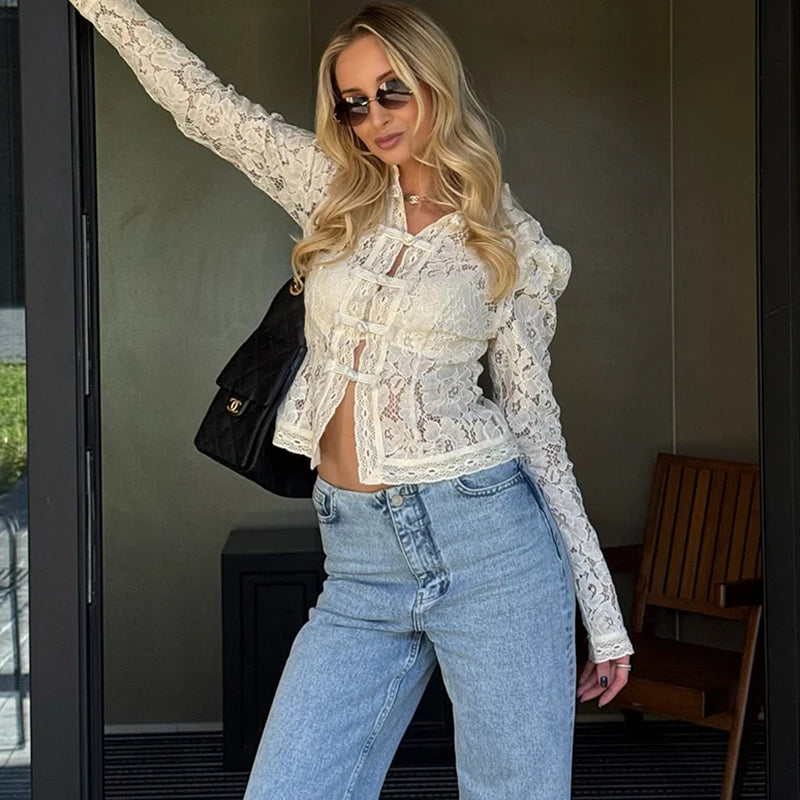 Tornova 2025 New Lace Hook Flower Women's Shirt Fashion Commuting Long Sleeve Cardigan Top Retro Slim Stand Collar Lady Blouses