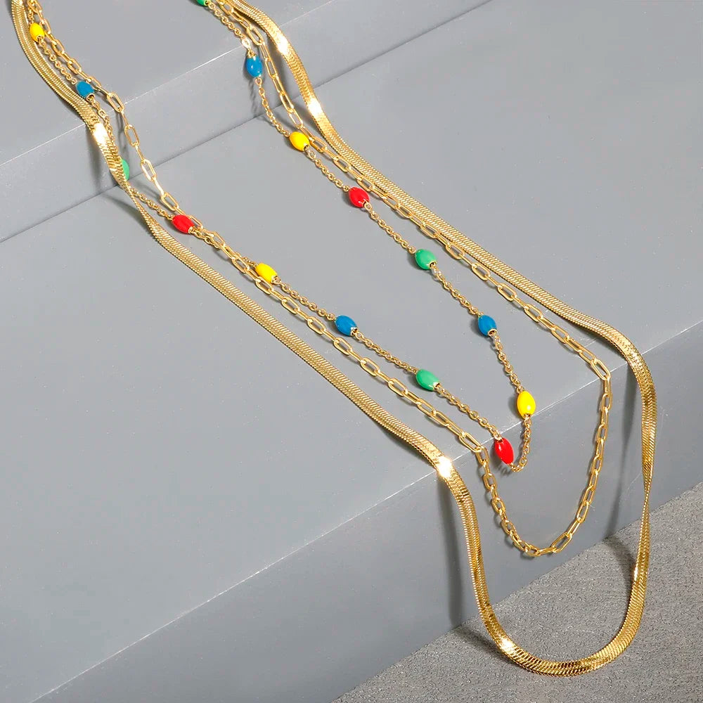 Merci Girl 18K Gold-Plated Triple-Layer Pendant Necklace — Stainless Steel, Waterproof & Colorfast