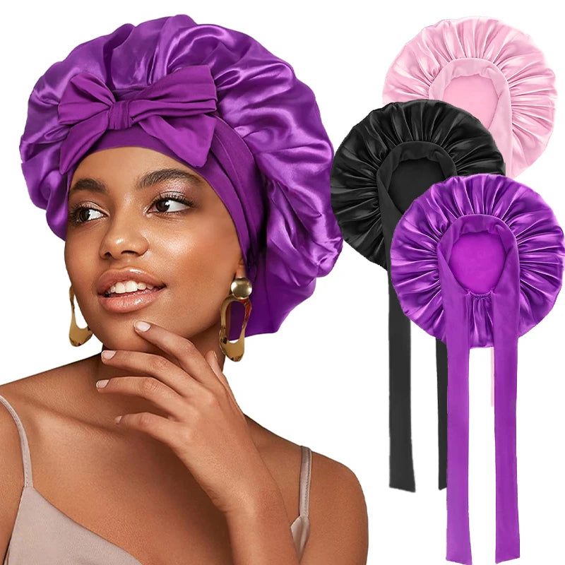 New Satin Solid Sleeping Hat With Stretchy Tie Band Elastic For Women Night Shower Cap Adjustable Hair Head Cover Bonnet Turban