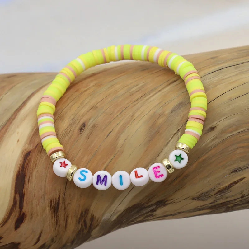 Multicolor Clay Beaded Letter Bracelet | Custom Friendship & Love Boho Jewelry