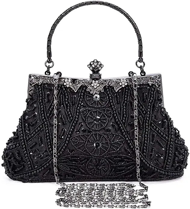 Lost in Vintage Clutch Handbag Beaded and Sequin Kiss-lock Closurer Shoulder Bag Crossbody Detachable ChainProm Evening Party