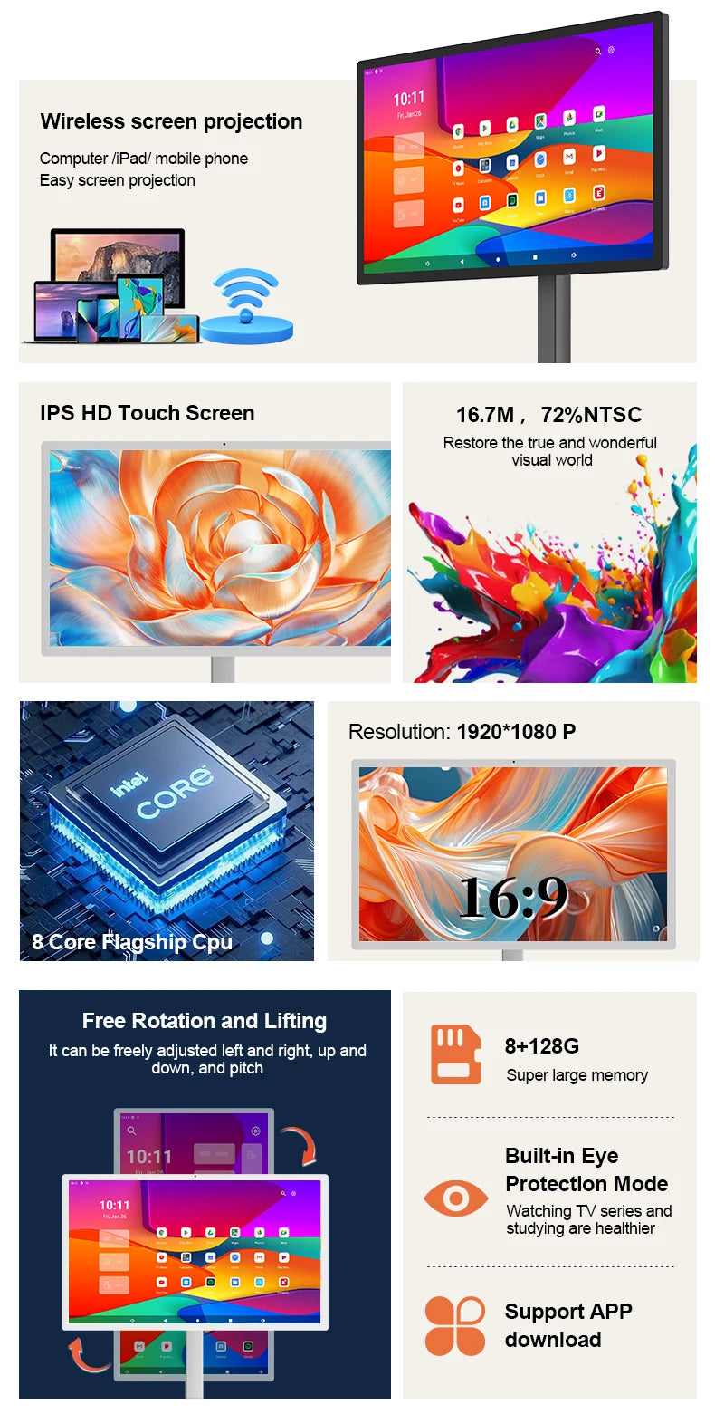 32 Inch Movable With Stand Smart Home Business TV Wireless Smart TV With Rotating Wheels Touch Screen Portable TV﻿