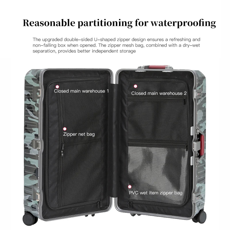 Suitcase Wide Handle Travel Suitcase Men 20 24 26 Carry-On Luggage Women PC Aluminum Frame Trolley Case