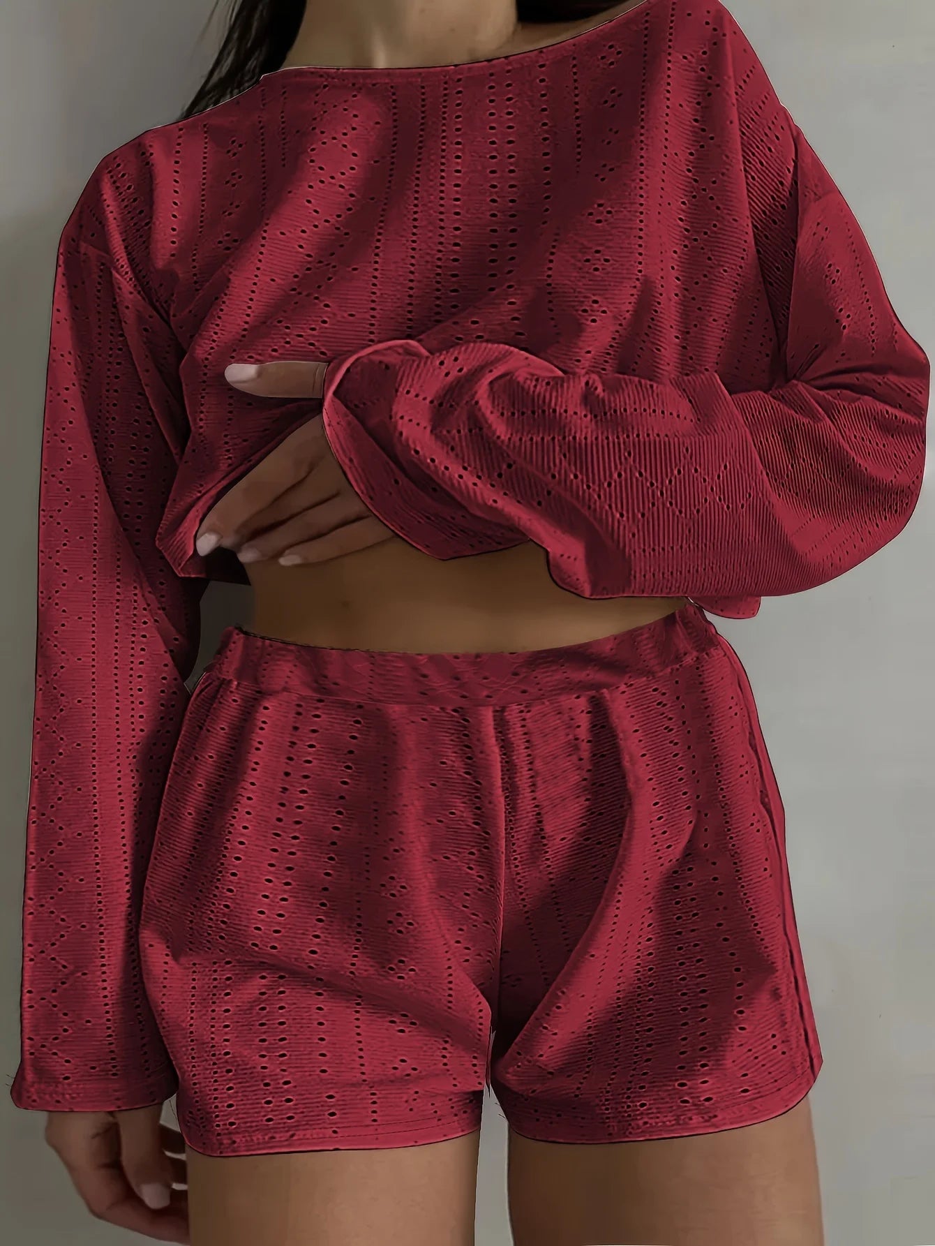 Plus Size Eyelet Casual Shorts Set, Crew Neck Long Sleeve Top & Shorts Outfits, Women's Plus Size Clothing