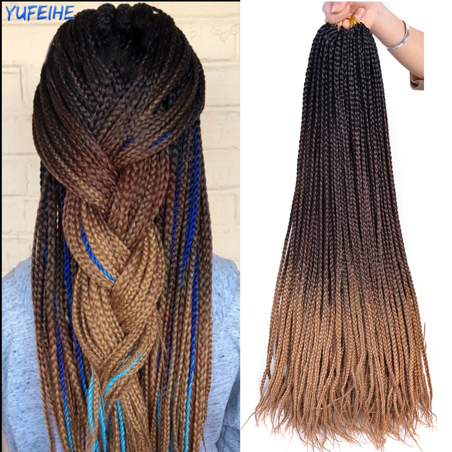 Synthetic Box Braids Hair Colored Crochet Hair Extensions Ombre Blue Gray Hook Braids Hairpiece For Women Cosplay Daily Use 24''