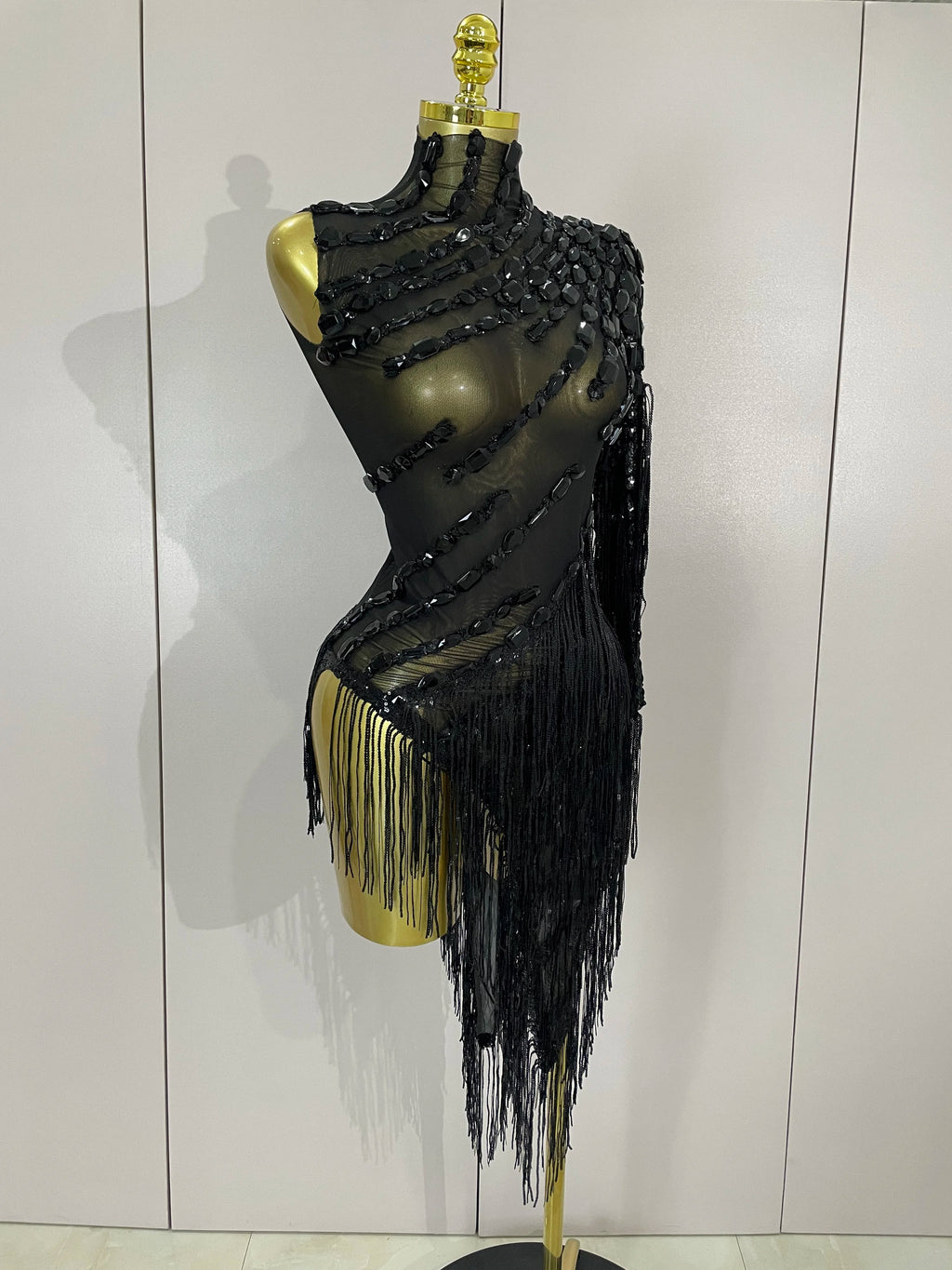 New Stage Costume Sparkly Rhinestones Tassel Sexy See-Through Dress Women One Shoulder Latin Dance Bars Nightclub Party Outfits