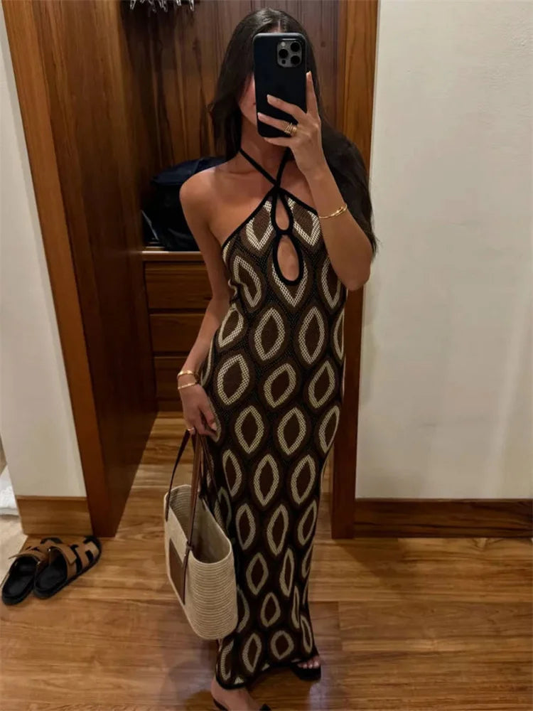 Tossy Knit Printed Hollow Out Long Dress Women Bandage Backless Contrast Beach Holiday Dress Clothes Female Boho Knitwear Dress
