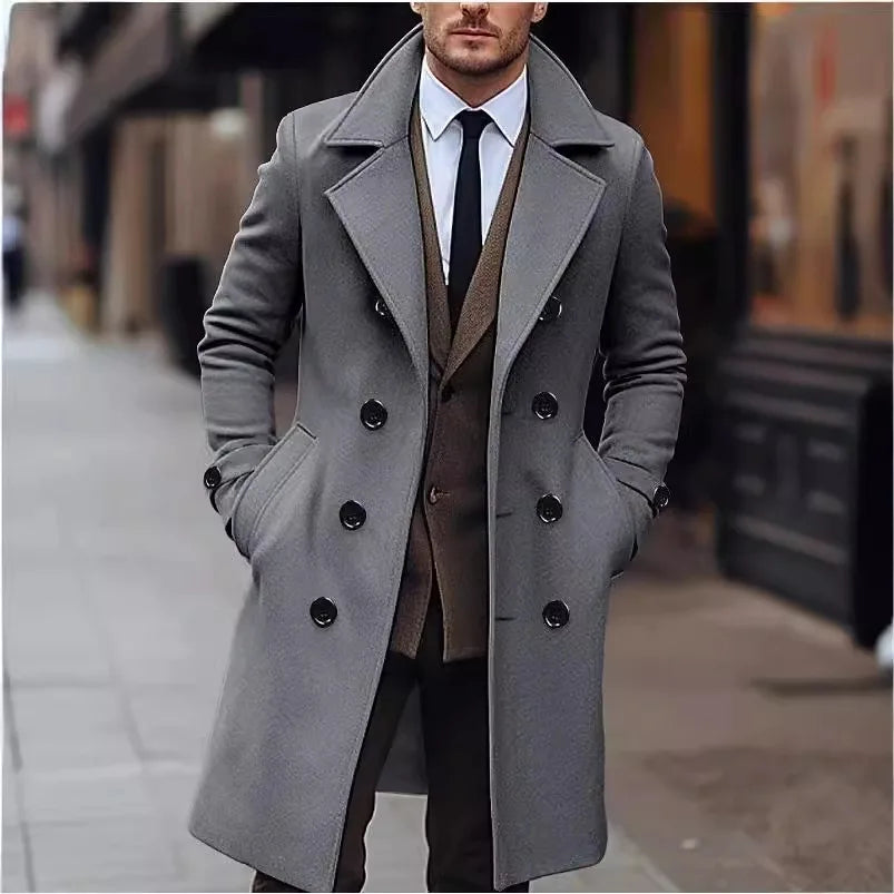 Autumn and Winter Men's Woolen Coat with Double Row Buttons Lapel Long Sleeve Solid Color Windbreaker Pockets Double Breasted