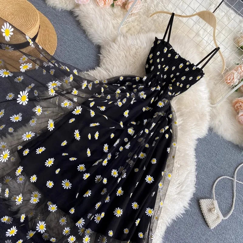 YuooMuoo Women Dress 2026 New Korean Fashion Floral Print Spaghetti Straps Mesh Party Dress Vacation Style Lady Beach Vestidos