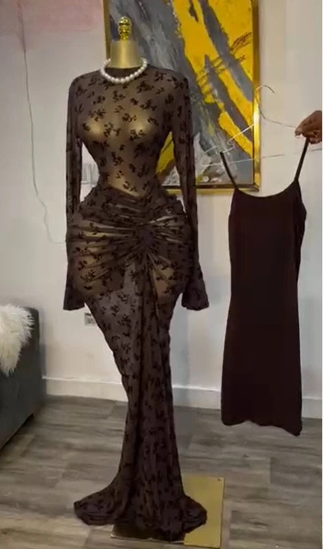 CM.YAYA Women Long Sleeve Stacked Mesh See Though with Lining Bodycon Long Dress 2025 Autumn Evening Birthday Sexy Party Dresses