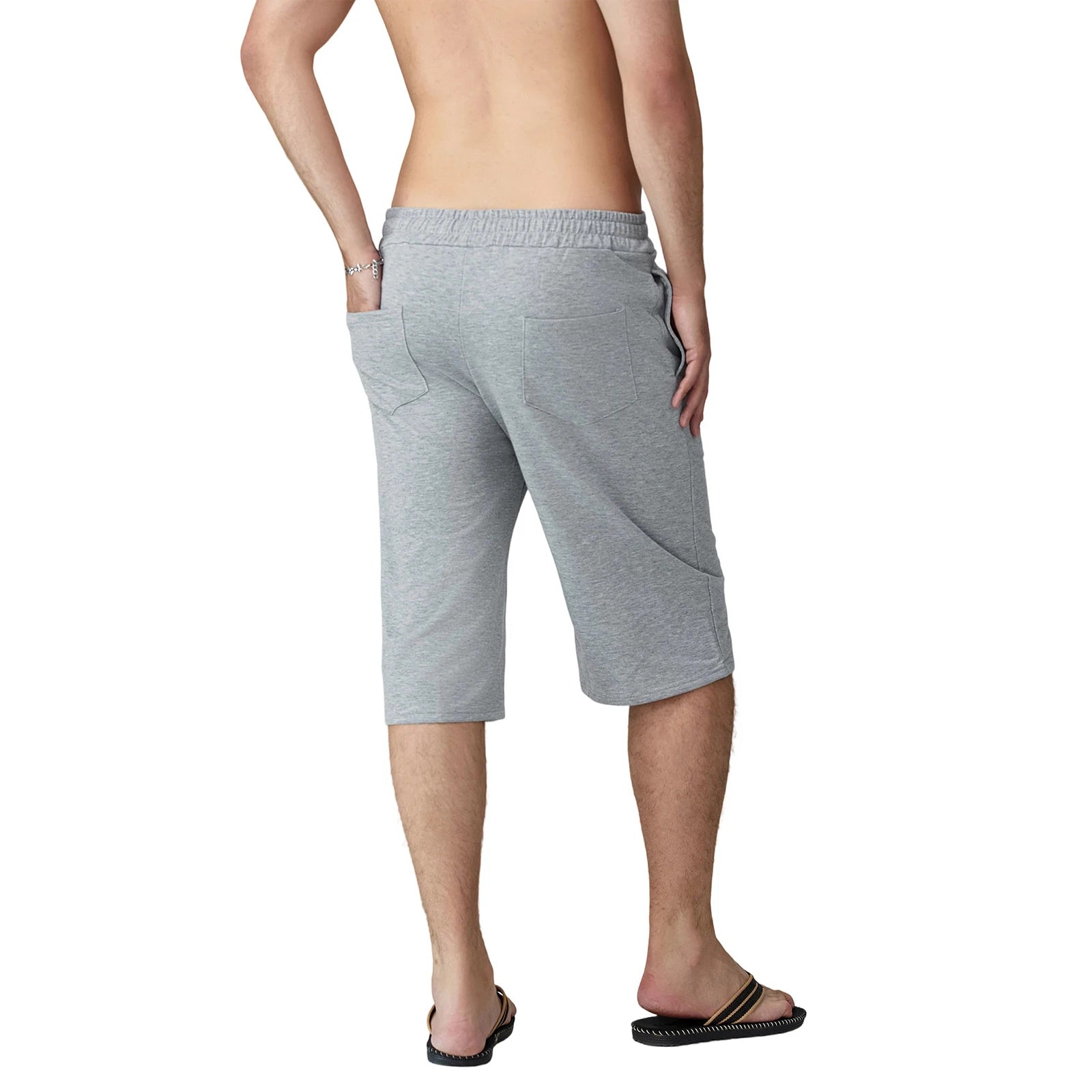 Men s Knee-Length Shorts with Elastic Waistband and Drawstring Loose Fit Solid Color Hip Hop Style Long Shorts with Pockets