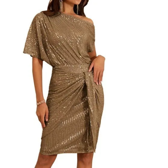 Edge-embroidered Glittering Party Club One-shoulder Pleated Toast Dress Fashionable Evening Gown