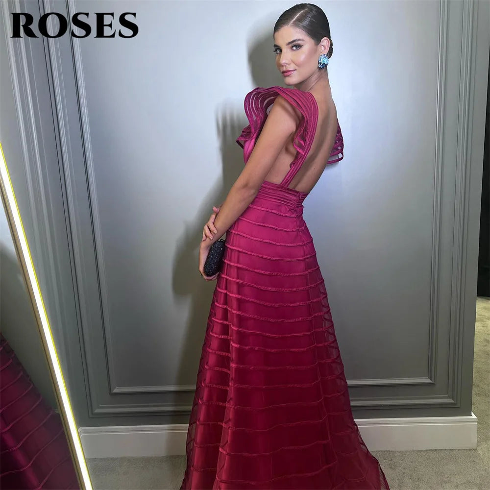 ROSES A Line Fuchsia Formal Dresses Pleat Sleeveless Prom Gown for Woman Deep V Neck Wedding Party Dress robe de bal Customized