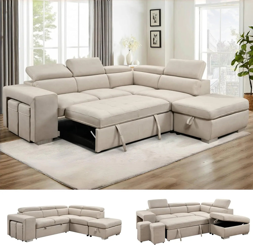 104'' Microfiber L Shaped Sectional Sleeper Sofa Couch with Pull Out Bed and Storage Ottoman, Convertible Couches with