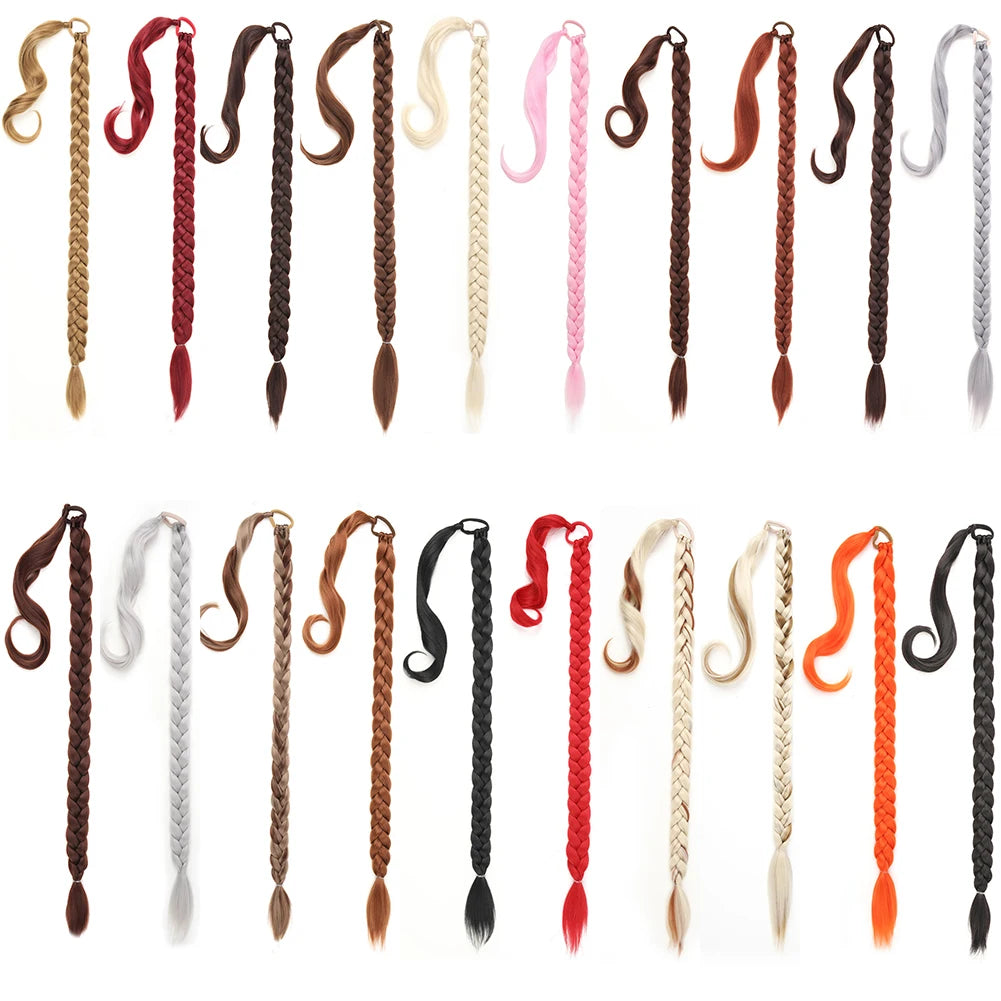 Long DIY Braided Ponytail Extension With Hair Tie Straight Wrap Around Synthetic Hair Extensions