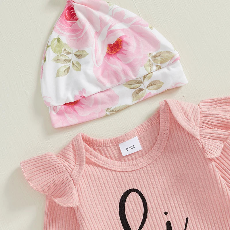 Baby Girls 4 Piece Outfit Letter Print Long Sleeves Romper and Floral Print Pants Headband Hat Set Cute Clothes